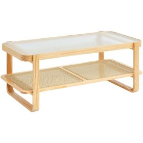 VEVOR Rattan Coffee Table, Rectangle Rattan Woven Wood Coffee Table with Tempered Glass Top