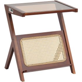 VEVOR Rattan Coffee Table, Z-Shaped Rattan Woven Bamboo Coffee Table with Tempered Glass Top