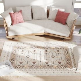 HOMCOM Machine Washable Area Rug 4x6, Non-Slip Boho Flannel Print Floor Carpet for Living Room, Bedroom, Dining Room, Brown
