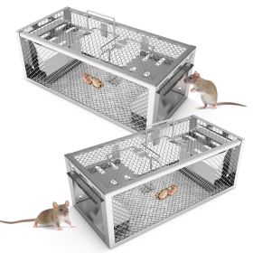 2Pack 11.81x5.63x4.45In 2-Door Humane Rat Trap Automatic Continuous Mouse Trap Reusable Galvanized Iron Live Animal Cage (Color: Silver)