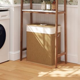 Double Laundry Basket With Lid, 26.4 Gallon Bamboo Laundry Hamper With Rope Handles And Removable Liner, Brown (Color: Brown)